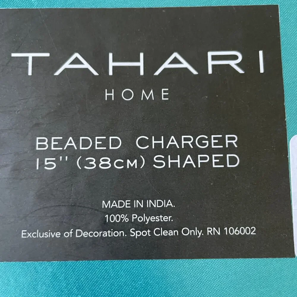 TAHARI HOME Glass Hand Beaded Charger Placemat 15in Blue Green Silver Floral NEW